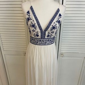 Blue embroidered white maxi dress